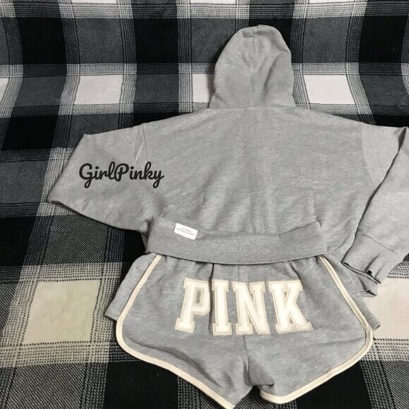 VS PINK IVY TERRY SHORTS OUTFIT & FULL ZIP IN GREY WITH LOGO ON THE BUTT XS-XXL - Picture 6 of 7